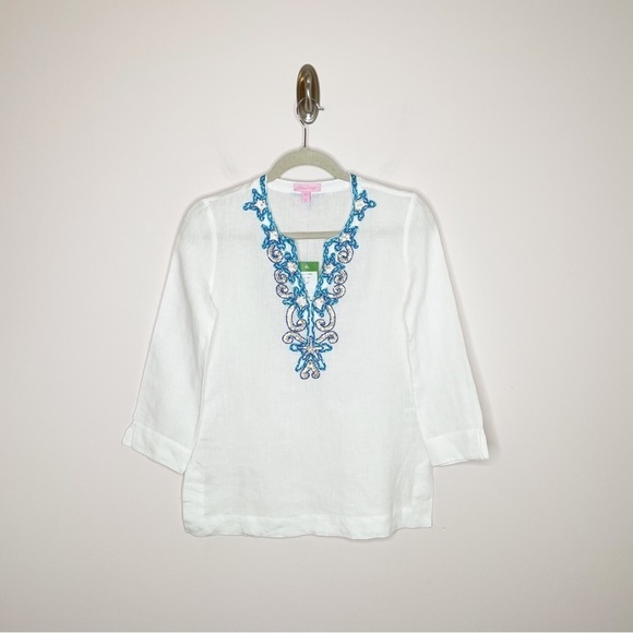 Lilly Pulitzer Amelia Embroidered Beaded Linen Island Tunic White Blue XXS NWT - Picture 2 of 9